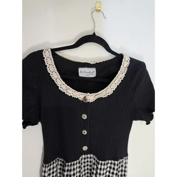 Ms. Conduct Black White Gingham A-Line Long Dress Lace Collar Decorative Buttons - Picture 2 of 5